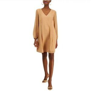 INC Hazel Wood Textured Long-Sleeve Shift V-Neck Dress Tie Back Detail - M